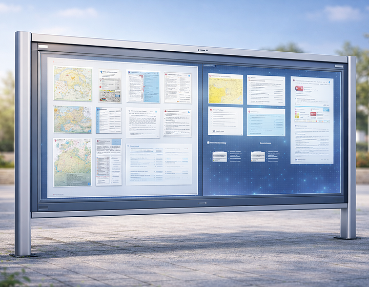 Digitale Amtstafel Digitale Amtstafel mit übersichtlich angeordneten Informationen und Aushängen